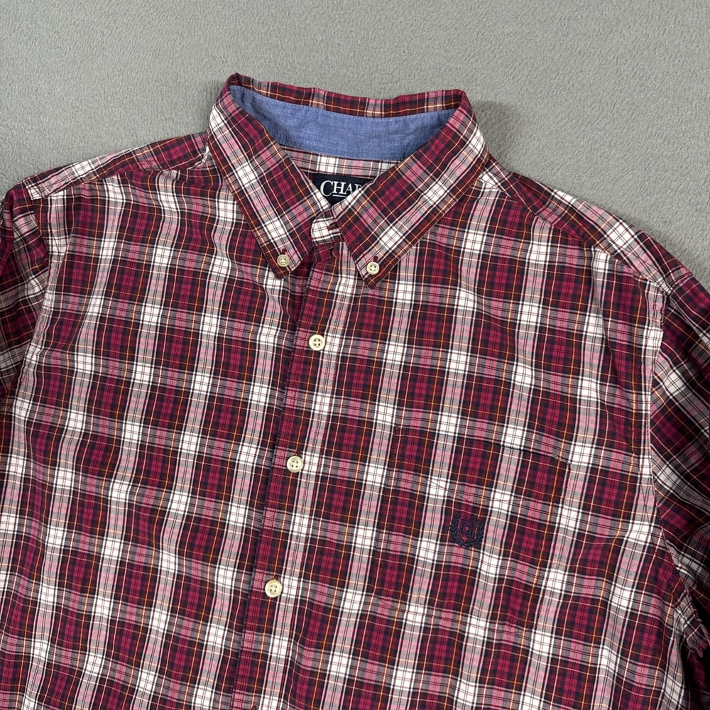 Chaps Shirt Mens Large Red Tartan Plaid Easy Care Long Sleeve Button Down Crest